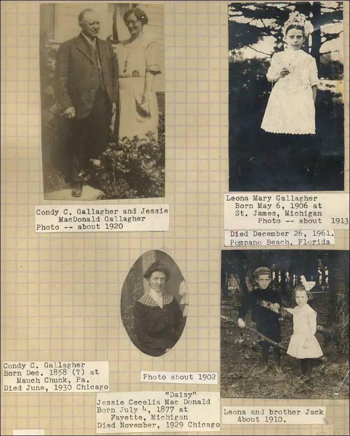 Scrapbook page with four black-and-white family photographs and typed captions.