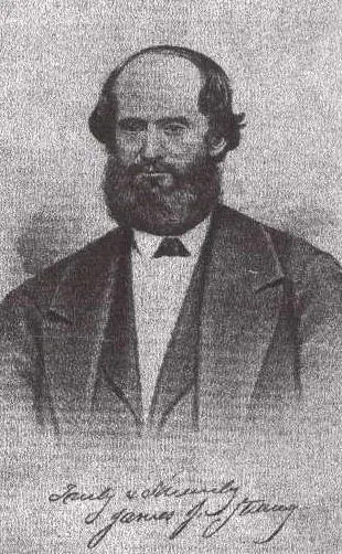 Halftone portrait of a bearded man in a suit and bow tie, with a handwritten signature below.