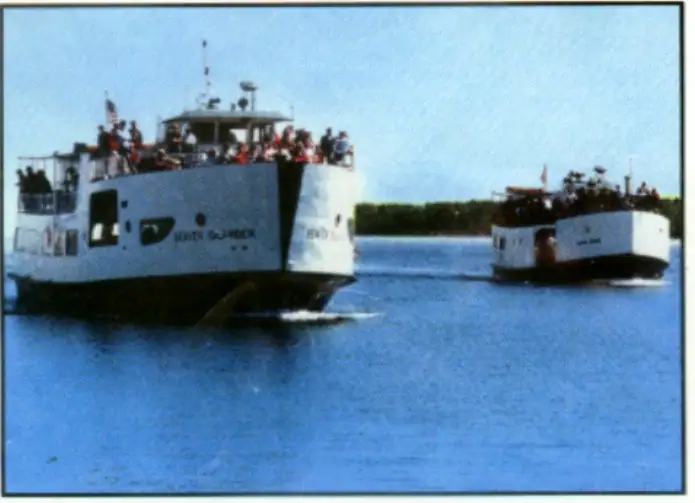 Two passenger ferries travel across blue water, with people gathered on the decks and a wooded shoreline behind them.