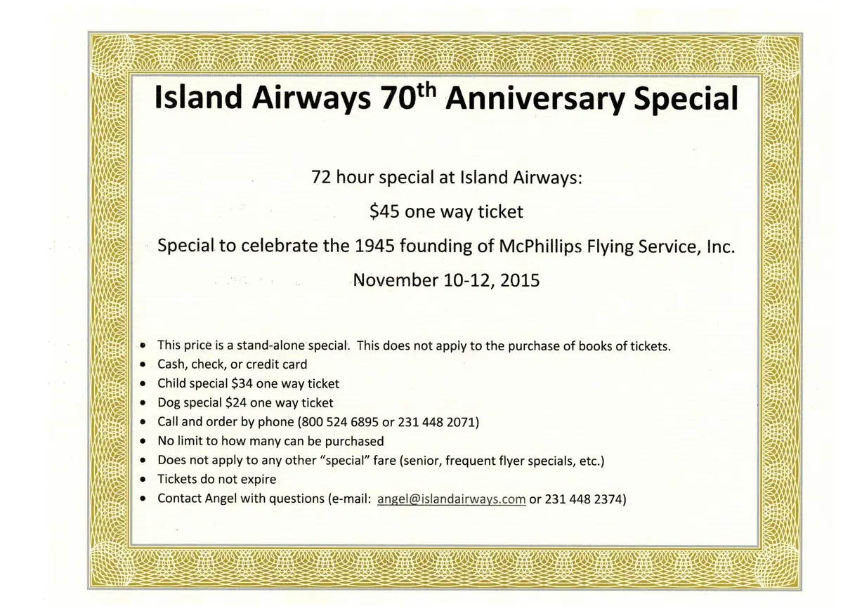 A printed airline promotional flyer with an ornate gold border, fare details, dates, and contact information.