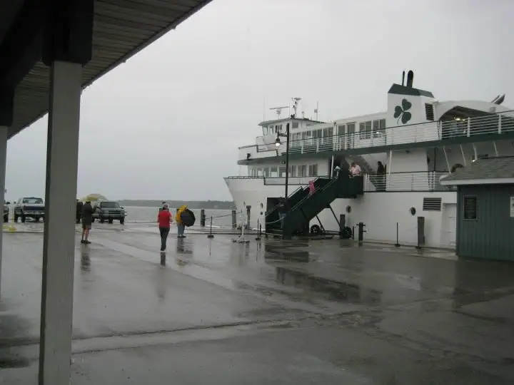 A white multi-deck ferry with a green shamrock emblem beside a wet passenger dock.