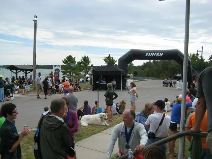 A crowd watches a race finish beneath an inflatable arch marked “FINISH,” with a dog resting in the foreground.
