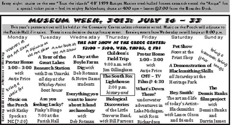 A black-and-white Museum Week schedule flyer with event listings, a cruise advertisement, and handwritten notes.