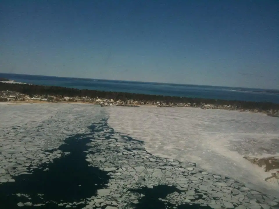 Aerial view of broken ice and dark open water beside a forested shoreline.
