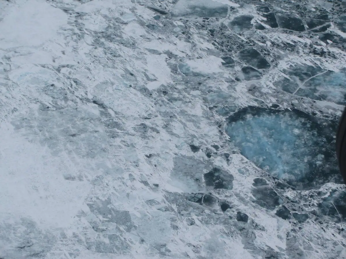 Aerial photograph of fractured ice floes and open blue water, seen through an aircraft window.