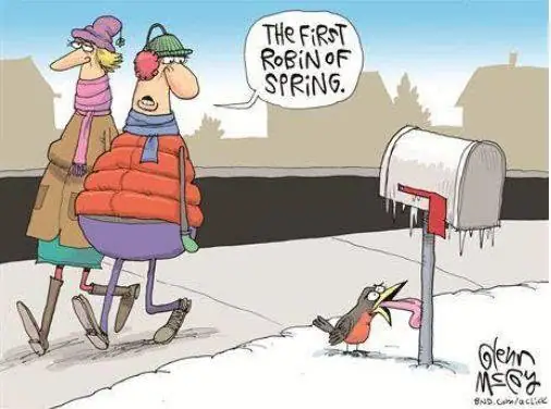 Cartoon of two bundled pedestrians passing an icicle-covered mailbox as a robin announces spring.