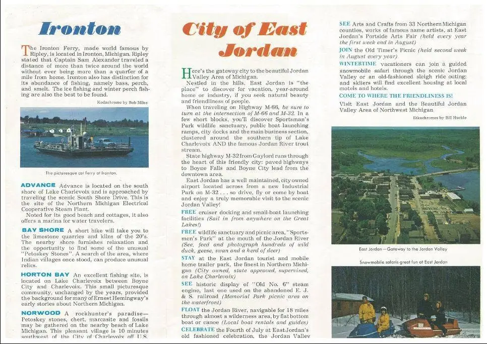 A scanned tourism brochure spread featuring a car ferry, aerial views, and promotional text about local communities.