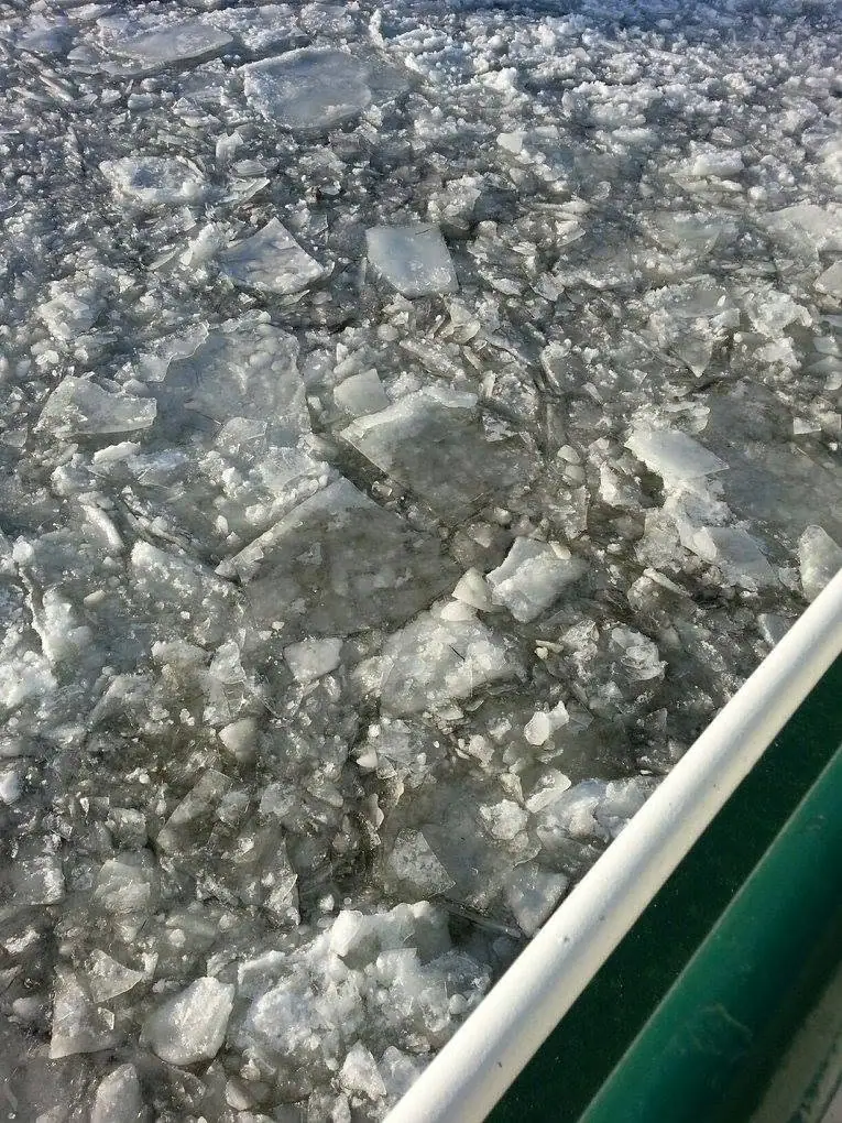 Angular ice fragments cover the dark water beside a white railing and green structure.
