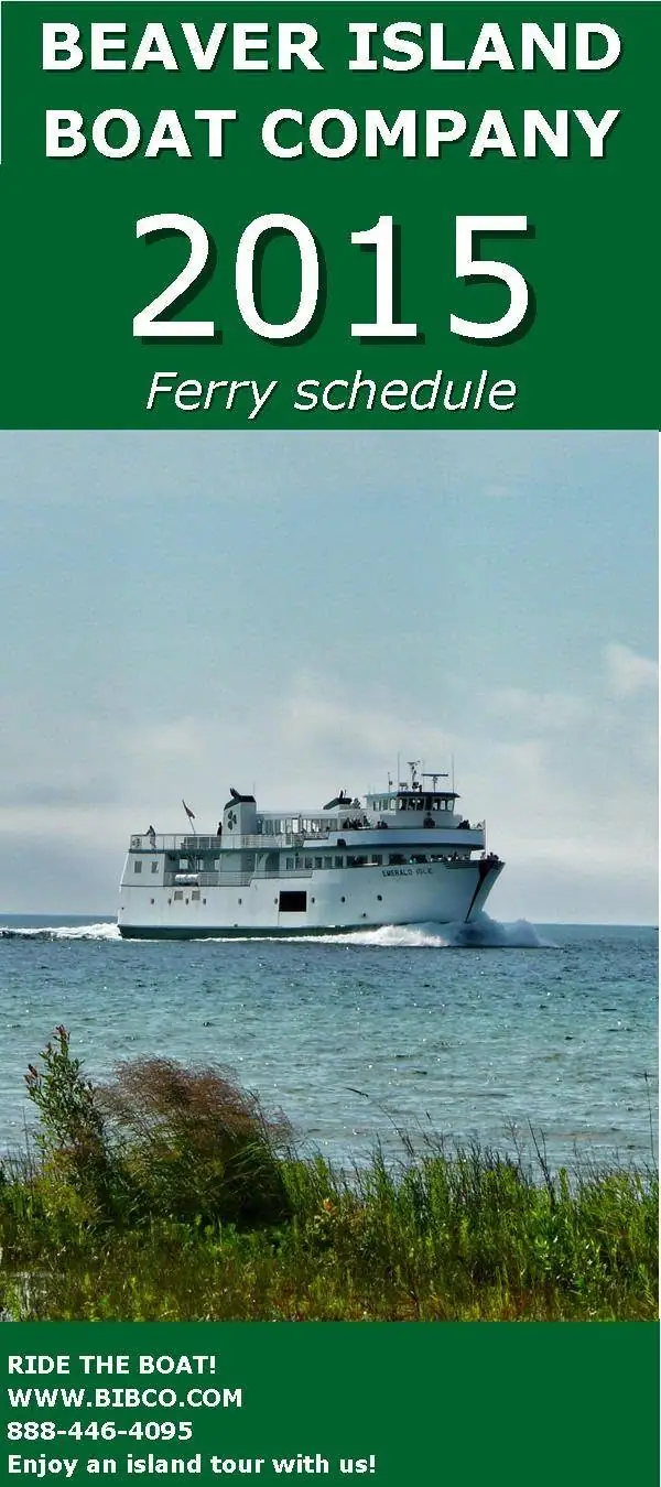 Promotional graphic showing a white passenger ferry underway beyond a grassy shoreline.