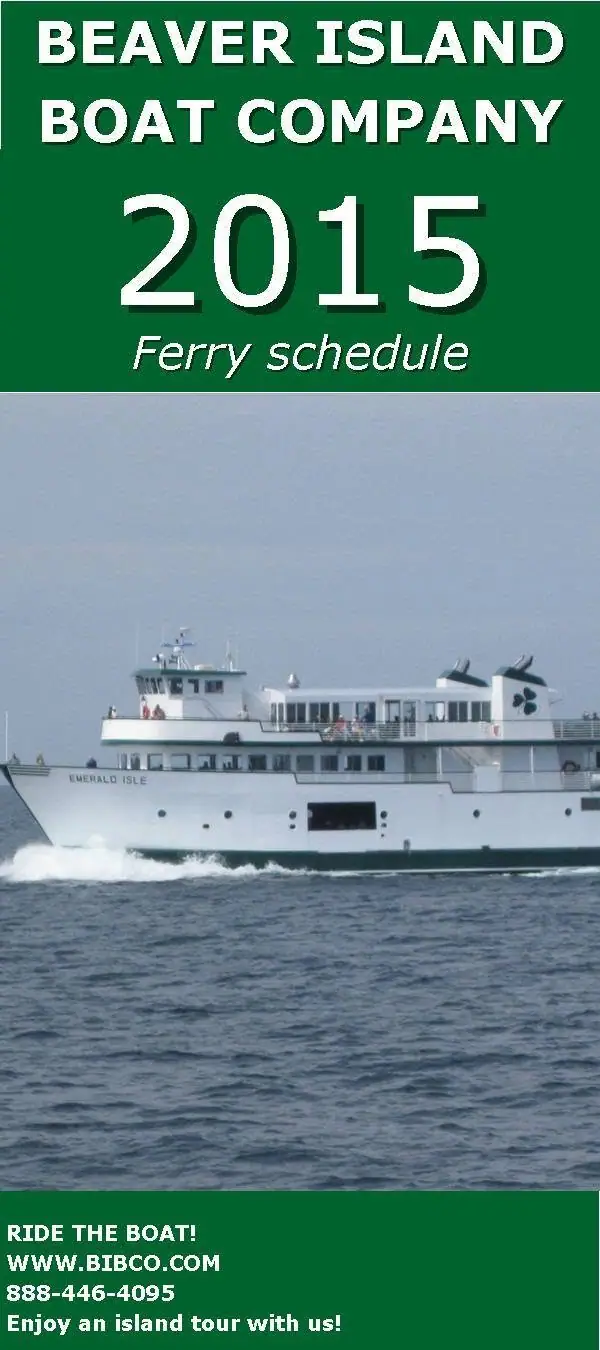 A ferry schedule flyer shows a white passenger ferry named EMERALD ISLE underway beneath a green-and-white header.
