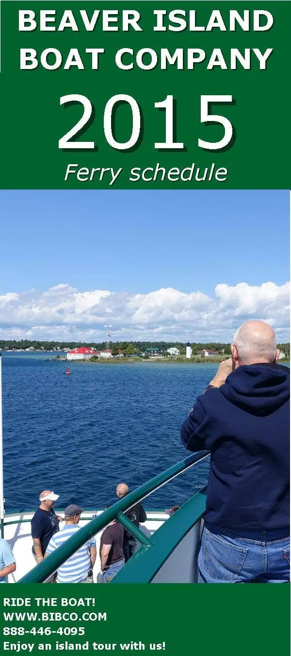 Promotional ferry-schedule poster with passengers viewing a waterfront from a boat deck.