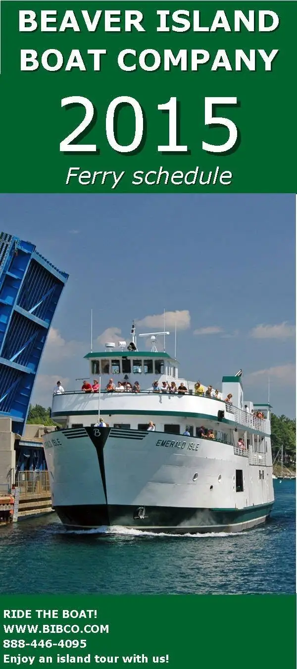 Promotional ferry schedule poster showing a white passenger ferry approaching a raised blue drawbridge.