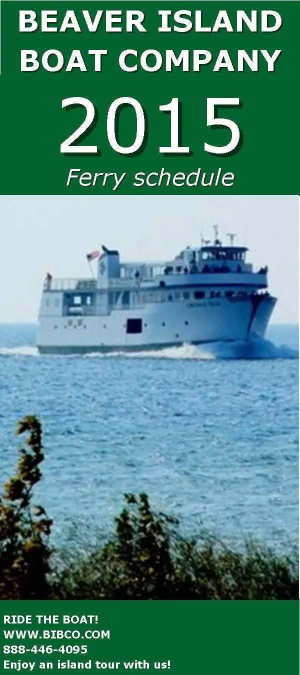 Promotional ferry-schedule poster with a passenger ferry photographed underway.