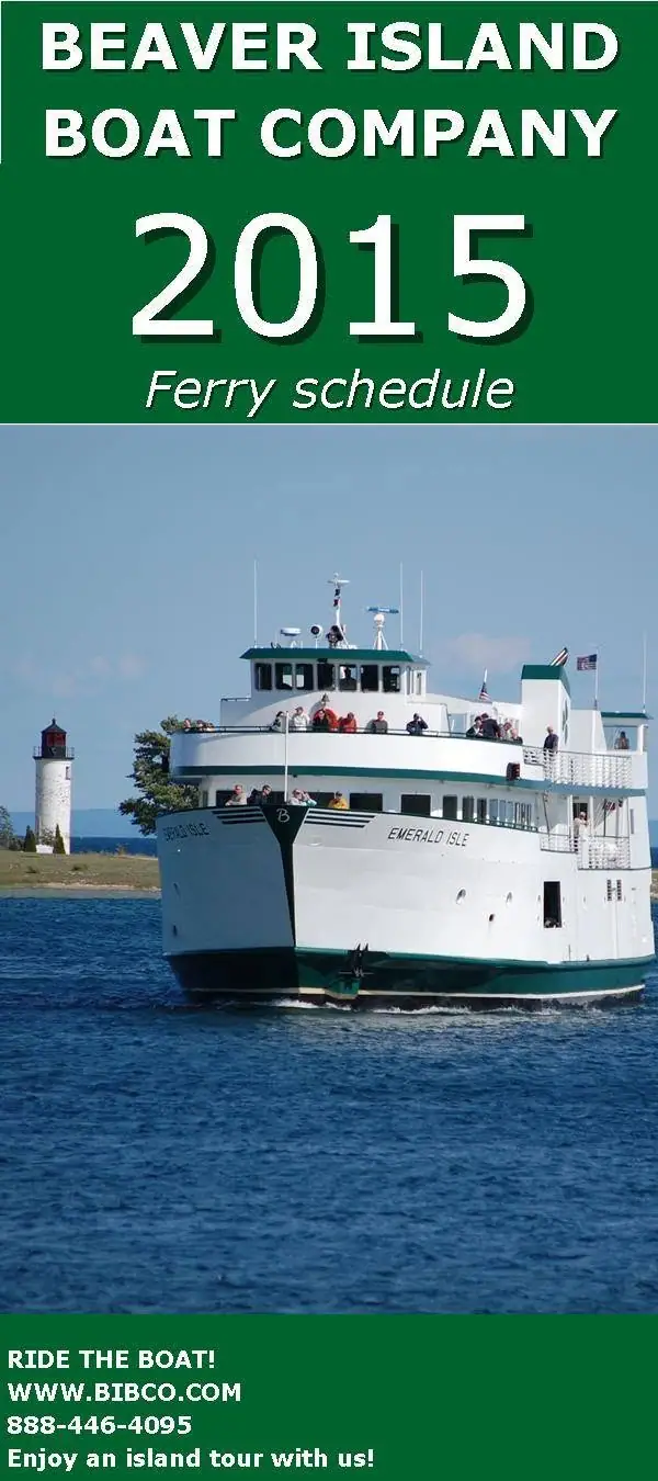 A white passenger ferry approaches on blue water, with a lighthouse behind it and promotional text above and below.