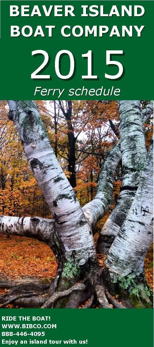A green promotional graphic with a photograph of white-barked trees and a 2015 ferry schedule.