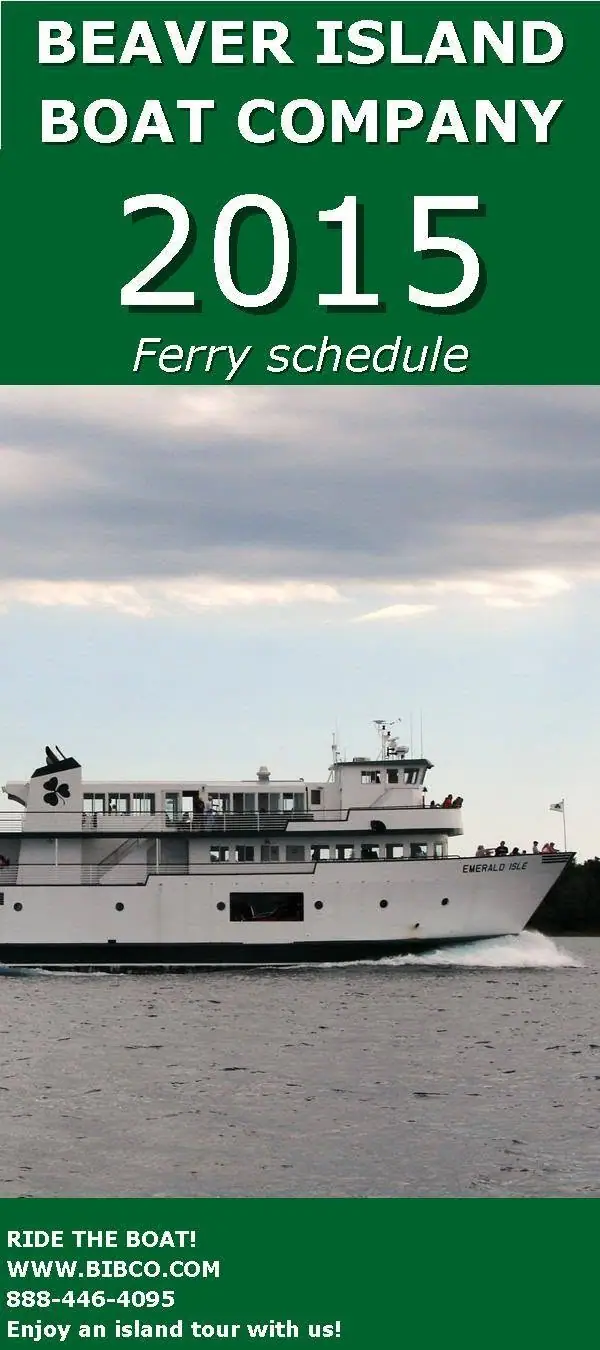 A white passenger ferry moves across dark water beneath a cloudy sky in a promotional schedule image.