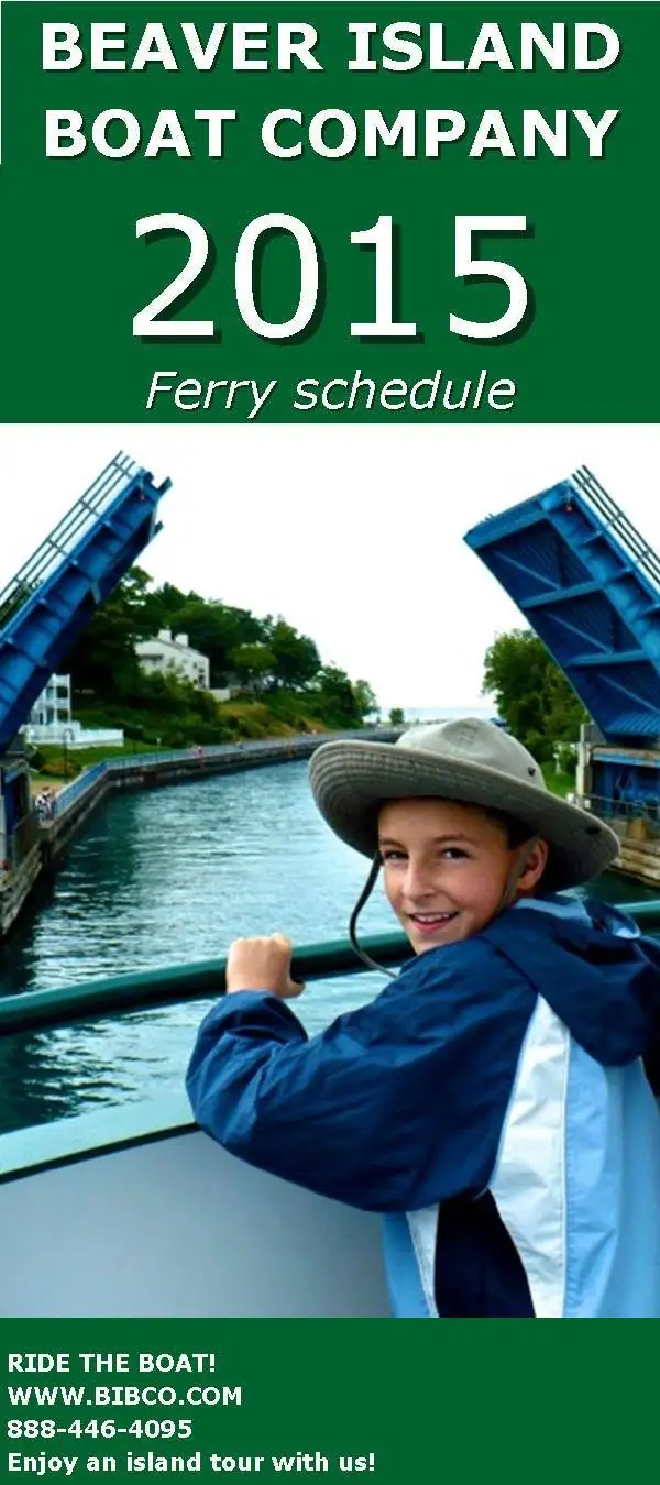 Promotional ferry-schedule graphic showing a child aboard a boat beneath raised blue drawbridges.
