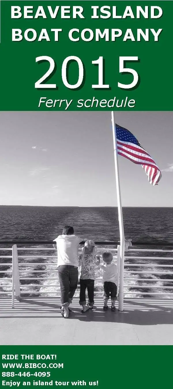 Promotional ferry graphic showing an adult and two children watching an American flag and wake from a deck.