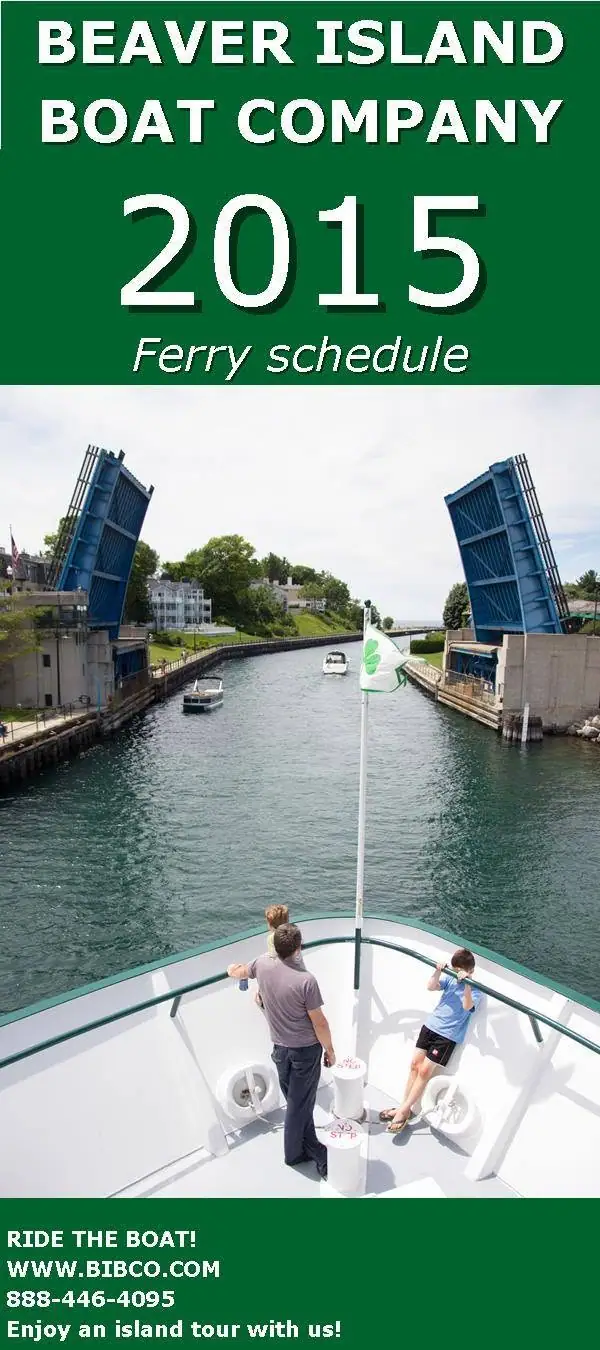 Promotional ferry schedule cover showing a raised drawbridge, waterway, and passengers on a boat's bow.
