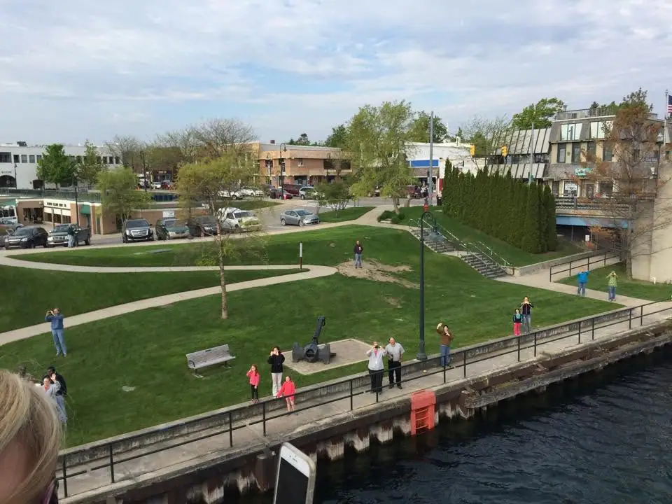 People gather along a waterfront promenade beside a grassy park, with downtown buildings and parked cars beyond.