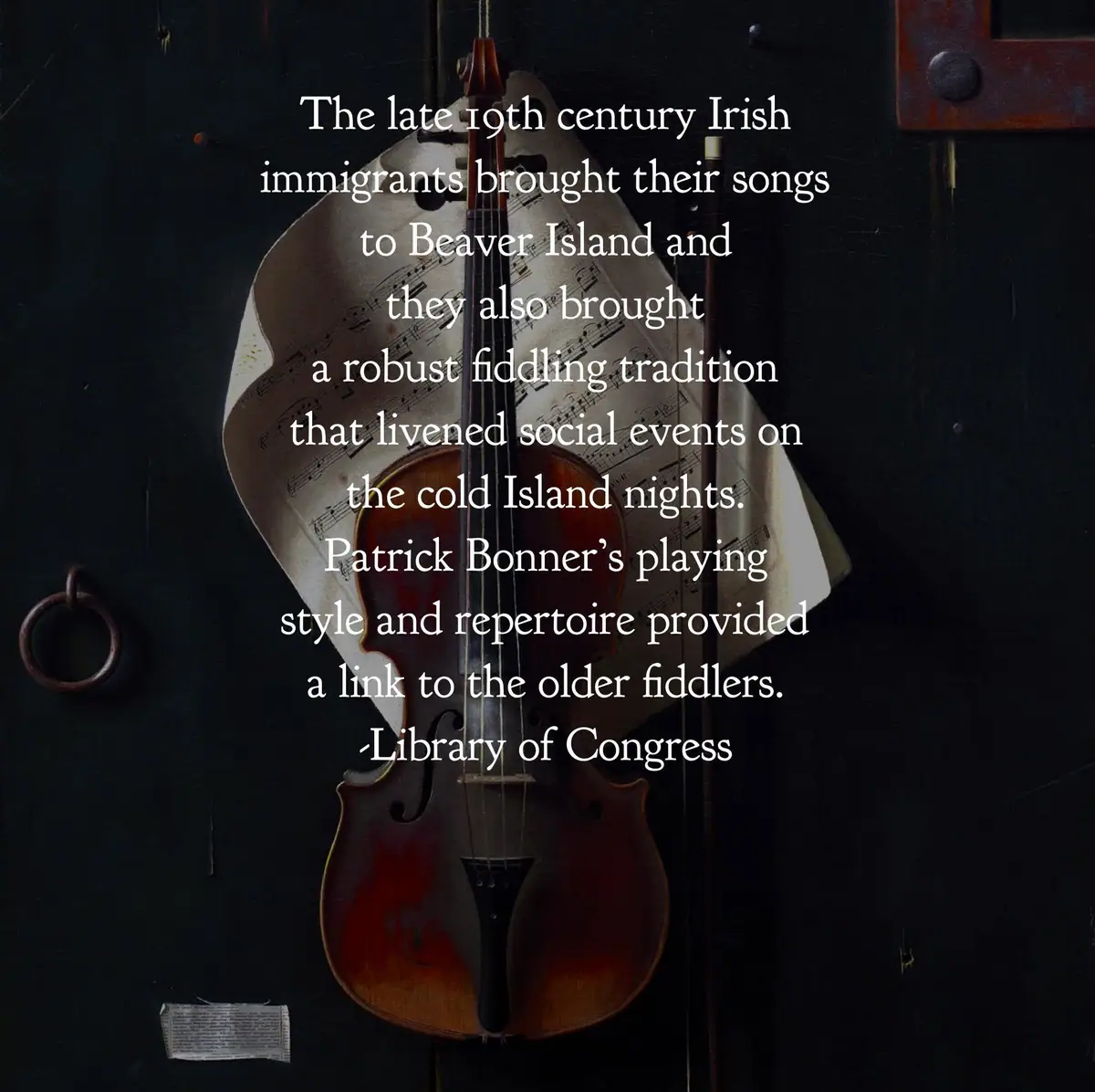 A violin and bow are displayed against a dark background with sheet music and large overlaid text.