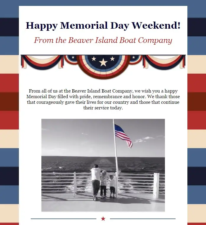Patriotic poster with printed Memorial Day message and a photograph of people beside a flag on a boat deck.