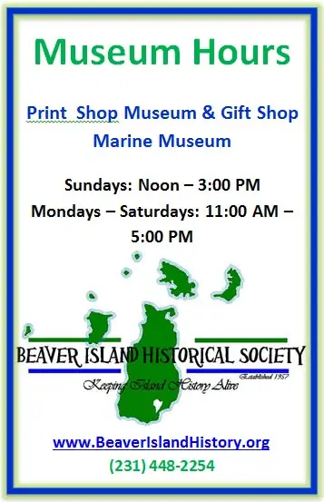 A museum-hours flyer with blue and green lettering, a green map graphic, and contact information.