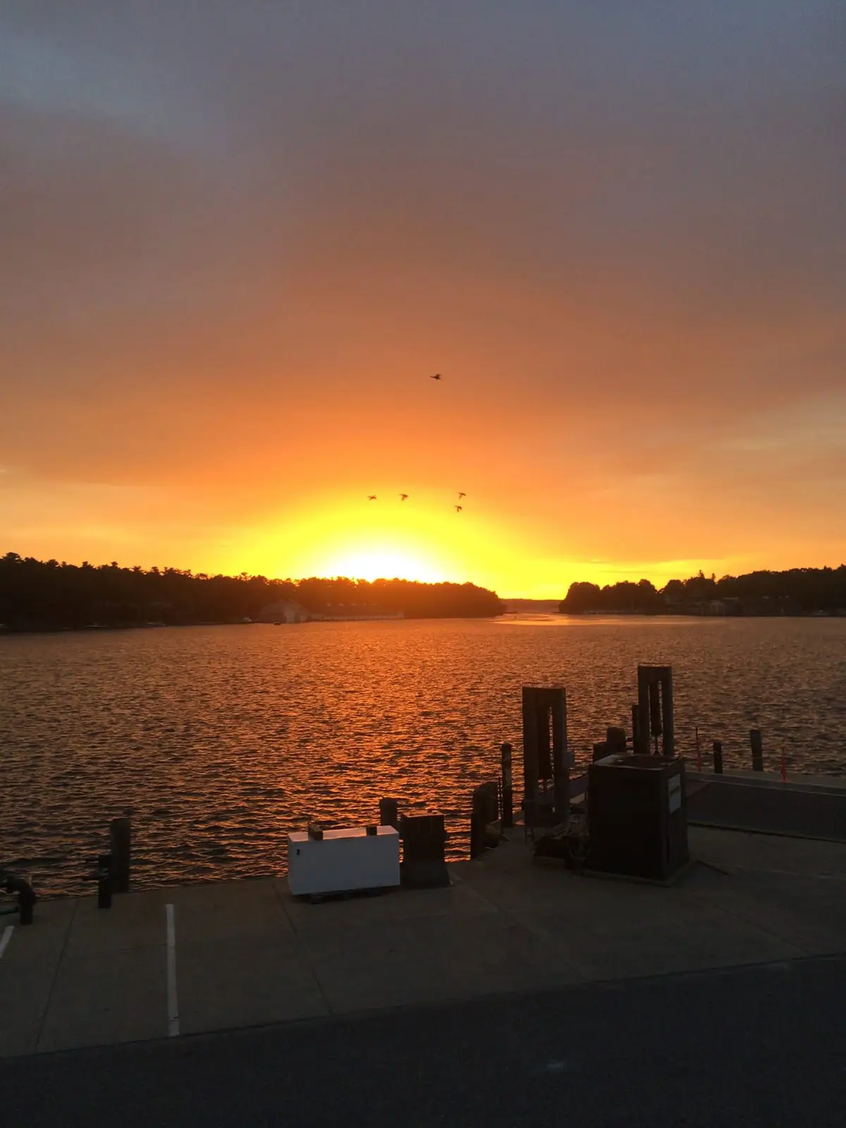 A low sun glows over rippled water and a wooded shoreline beyond a concrete dock.