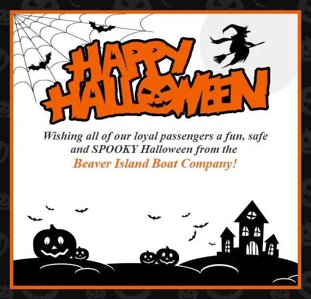 Halloween graphic with pumpkins, bats, a witch, haunted houses, and the words “HAPPY HALLOWEEN.”