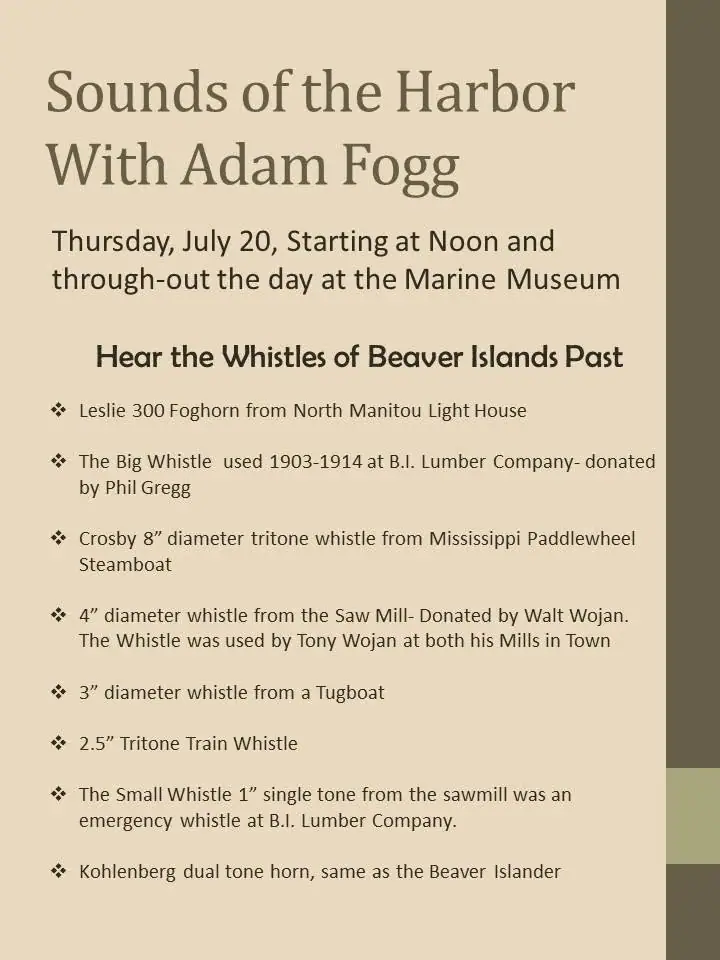 A cream-colored event flyer lists historic whistles and horns for a museum demonstration.