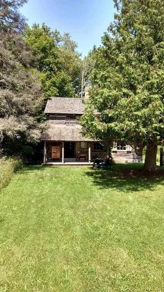 A small wooden cabin with a covered porch stands beyond a sunny lawn, partly shaded by trees.
