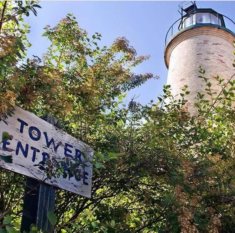 A brick lighthouse rises behind leafy vegetation beside a weathered sign reading “TOWER ENTRANCE.”