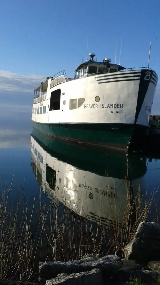 A white-and-green ferry floats near shore, its hull reflected in calm water beside rocks and reeds.