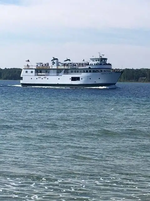 A white passenger ferry travels across choppy water with a wooded shoreline behind it.