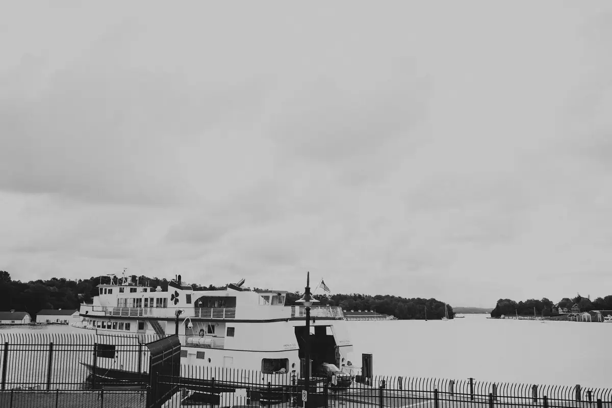 A ferry is docked beside a metal fence, with a wooded shoreline and waterfront buildings behind it.