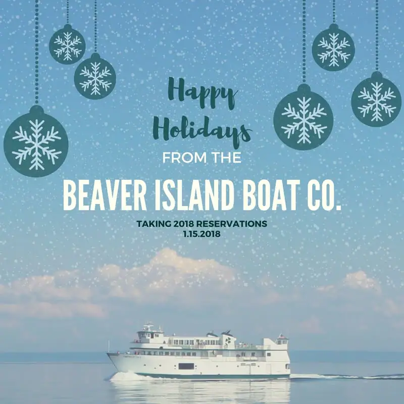 Holiday graphic with snowflake ornaments and a white passenger ferry traveling across calm water.