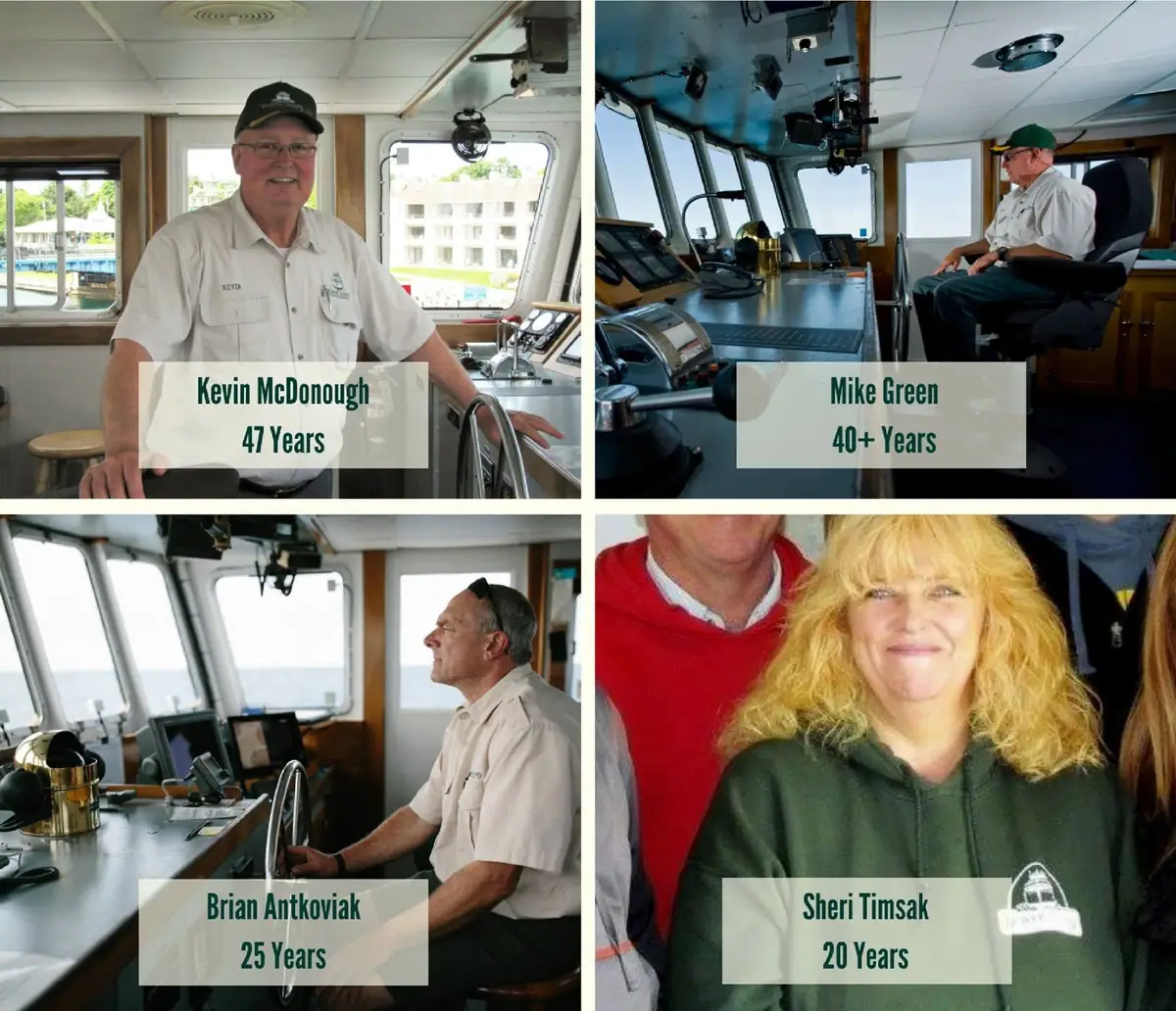 Four employee portraits in a vessel's control cabin, with service-year labels.