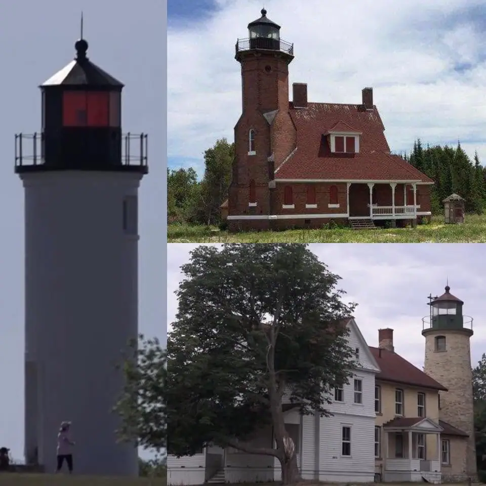 Collage showing three lighthouses, including a tall white tower and two lighthouse buildings with attached homes.