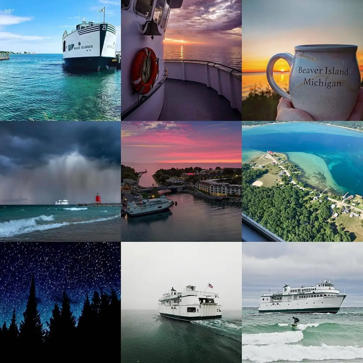 Nine-panel collage showing ferries, sunsets, stormy water, an aerial shoreline, a lighthouse, and night sky.