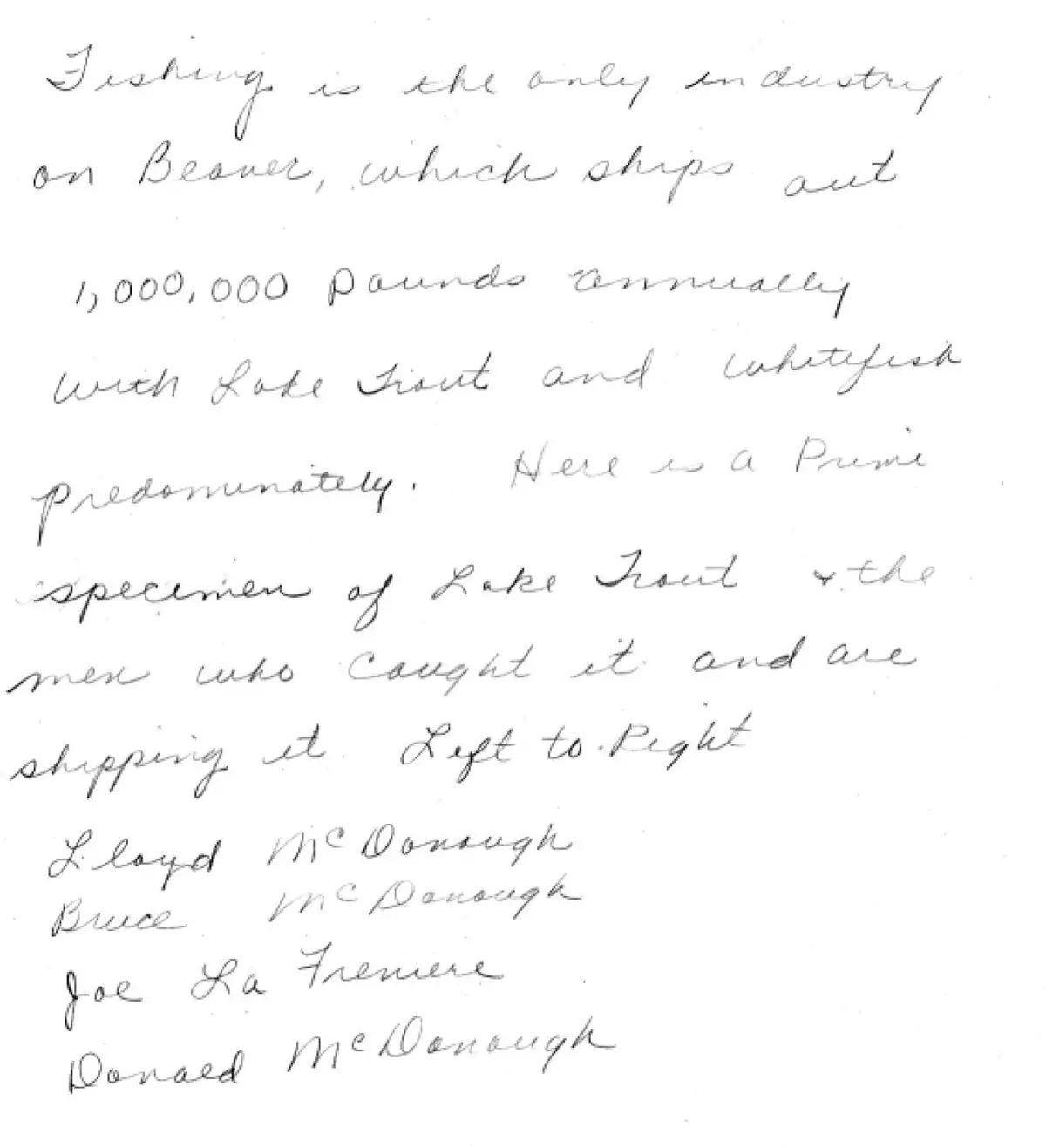 A handwritten caption discusses fishing, lake trout, whitefish, and four men listed from left to right.