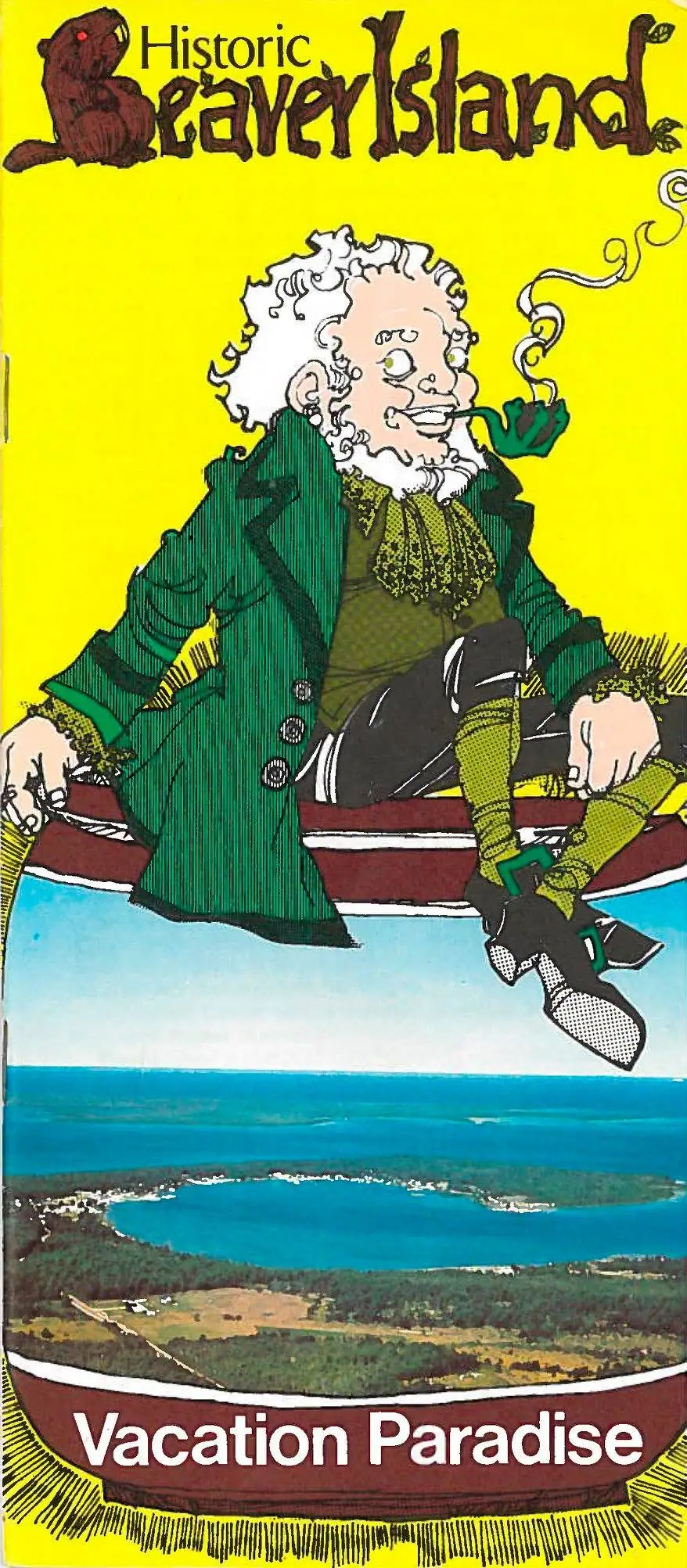 Illustrated bearded man in a green coat sits in a red boat above an aerial coastal scene.