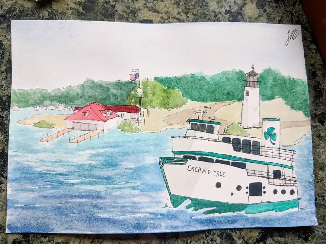 Watercolor illustration of a ferry approaching a lighthouse, with docks, a red-roofed building, and a flag.