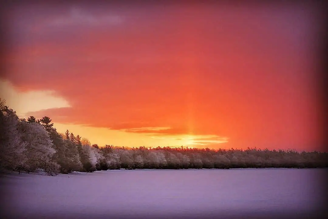 A snow-covered shoreline and trees silhouetted beneath a vivid orange and purple sunrise.