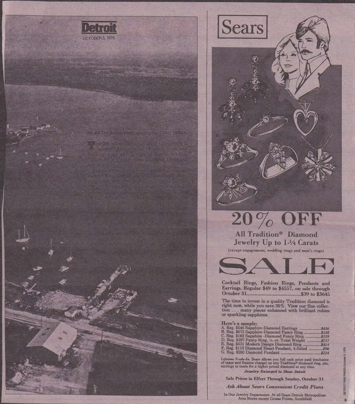 Scanned printed page with an aerial waterfront photograph beside an illustrated Sears jewelry advertisement.