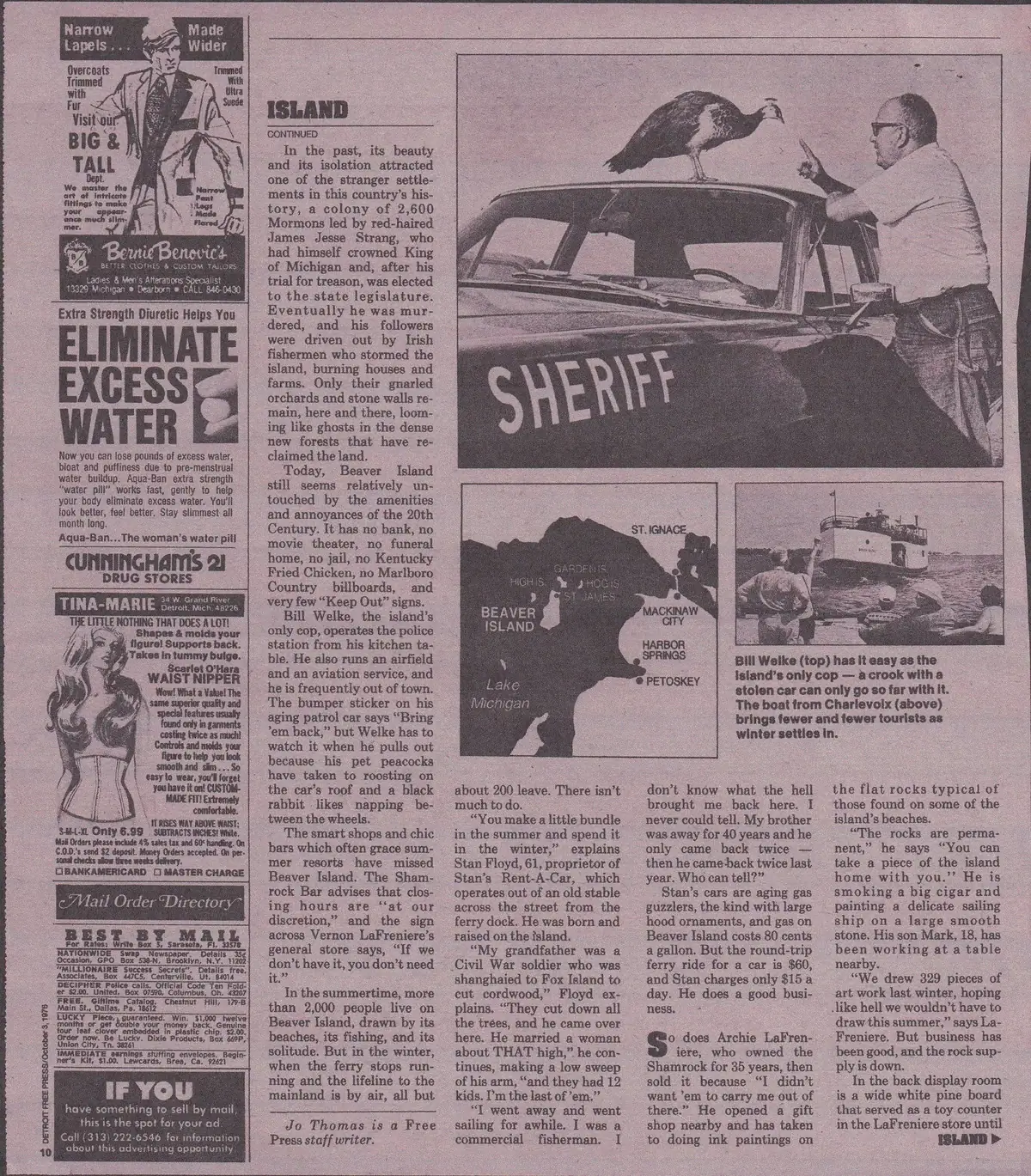 Scanned printed page with a multi-column article, advertisements, map, sheriff car, bird, and boat photographs.