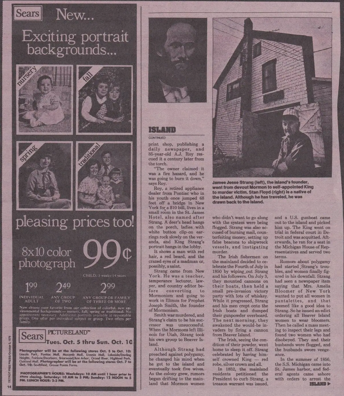 A scanned newspaper page combines a portrait-advertisement layout with a historical article and two reproduced photographs.