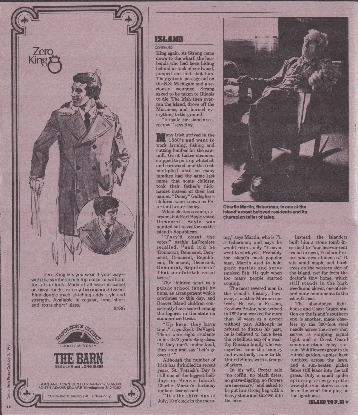 Scanned printed page with an overcoat advertisement, illustrated model, article columns, and a seated man's photograph.