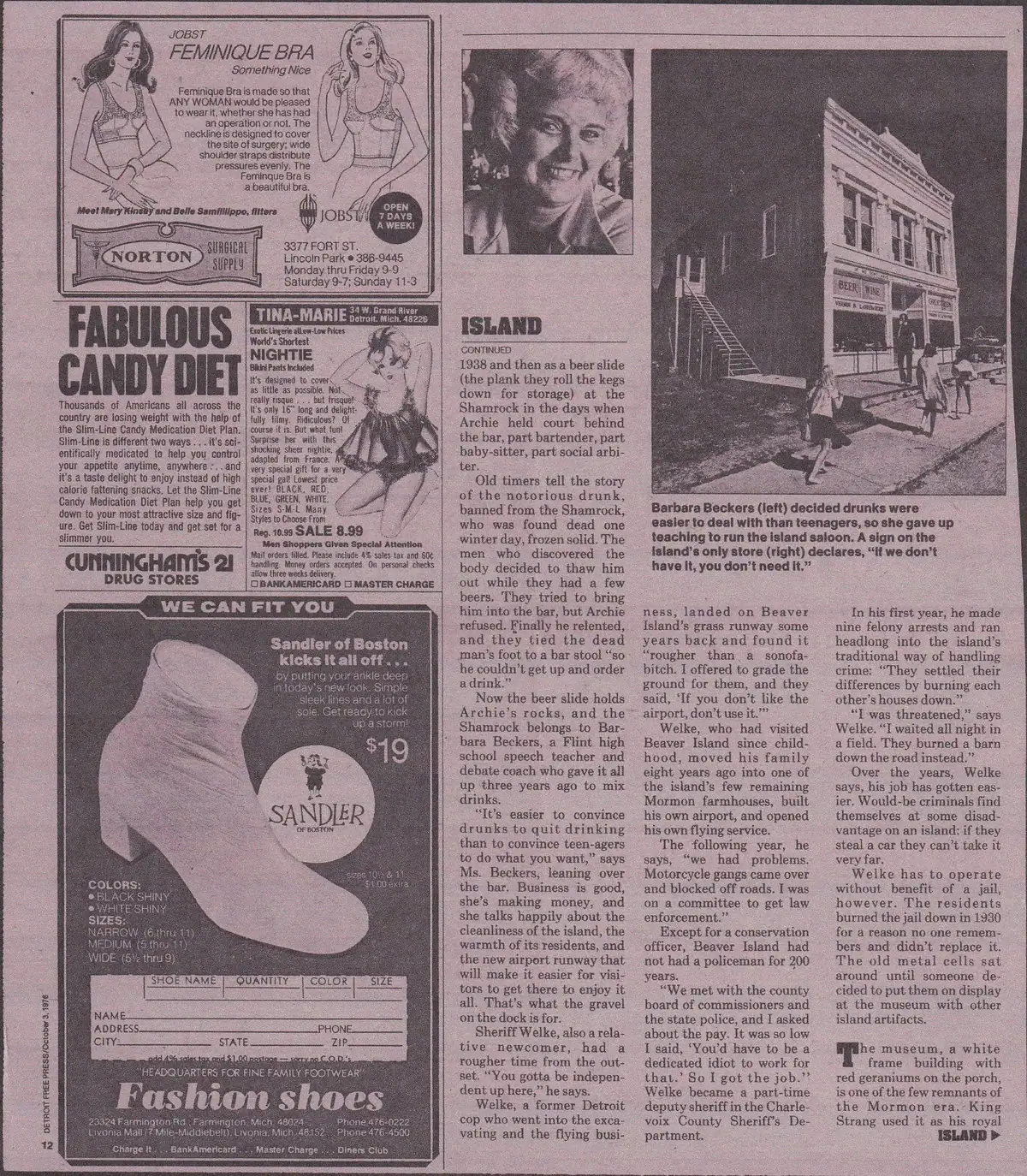Scanned newspaper page with advertisements, a portrait, a storefront photograph, and a multi-column article.