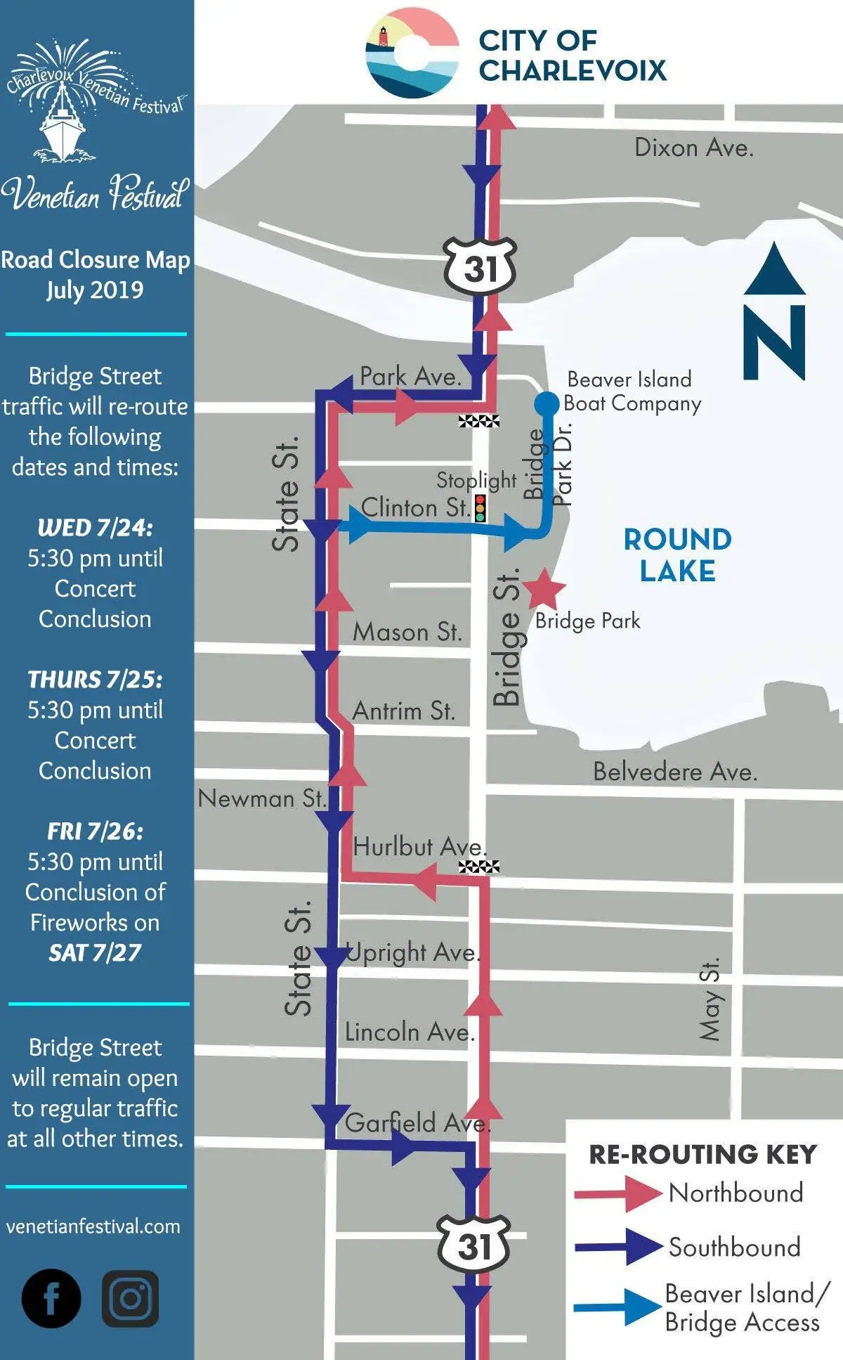 Illustrated road-closure map with rerouting arrows, street labels, festival branding, and a schedule panel.
