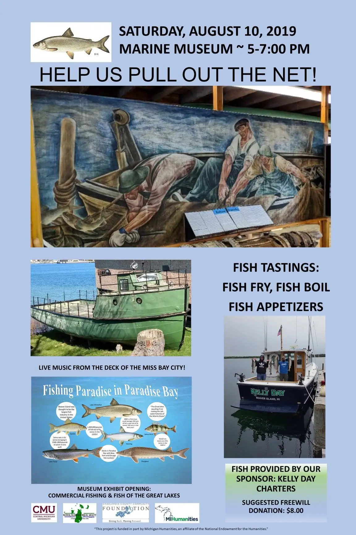 Promotional poster combining a fishing mural, boats, fish illustrations, event details, and sponsor information.